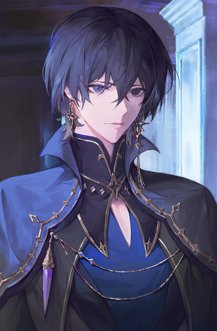 1boy absurdres black_hair blue_cape blue_shirt blurry blurry_background cape closed_mouth collar commentary earrings english_commentary grey_cape grey_collar grey_eyes hair_between_eyes highres jewelry looking_to_the_side male_focus original shirt short_hair solo two-tone_cape upper_body ven0305