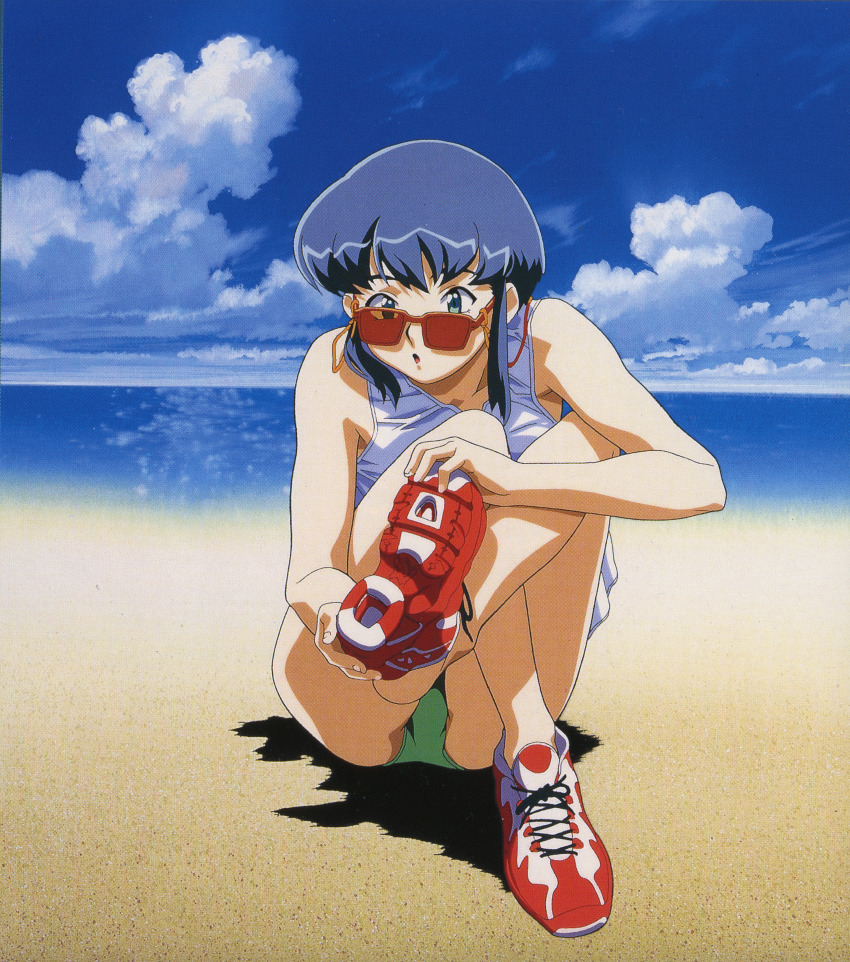 1990s_(style) 1girl absurdres ass beach blue_eyes blue_hair blue_sky buruma cloud cloudy_sky crossed_legs day full_body green_buruma highres huge_filesize knees_up kumashiro_sakuya ocean official_art open_mouth outdoors rectangular_eyewear red-tinted_eyewear red_shoes removing_shoes retro_artstyle sand scan scan_artifacts shin_tenchi_muyou! shoes short_hair sidelocks sitting sky sneakers solo summer sunglasses tank_top tenchi_muyou! tinted_eyewear water