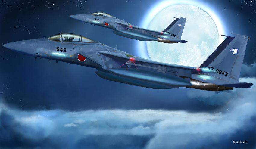 aircraft airplane artist_name bird commentary decal eagle f-15_eagle f-15j fighter_jet flying i.t.o_daynamics japan_air_self-defense_force japan_self-defense_force military military_vehicle missile moon real_life realistic vehicle_focus