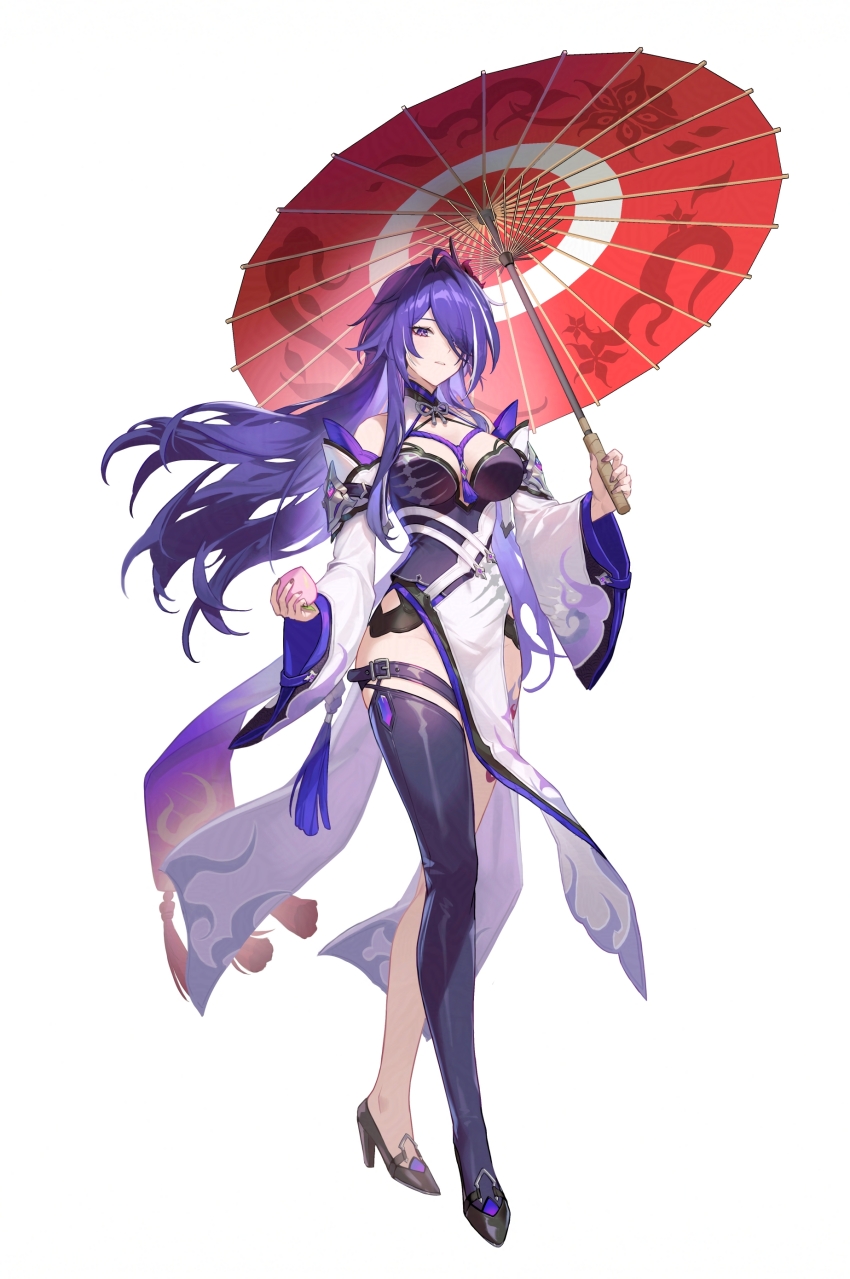 1girl absurdres acheron_(honkai:_star_rail) adapted_costume alternate_costume asymmetrical_footwear bare_shoulders breasts cleavage commentary detached_sleeves duplicate english_commentary f.k_(hs225kr) food fruit full_body highres holding holding_food holding_fruit holding_umbrella honkai:_star_rail honkai_(series) large_breasts long_hair looking_at_viewer peach pixel-perfect_duplicate purple_eyes purple_hair purple_nails simple_background solo umbrella white_background