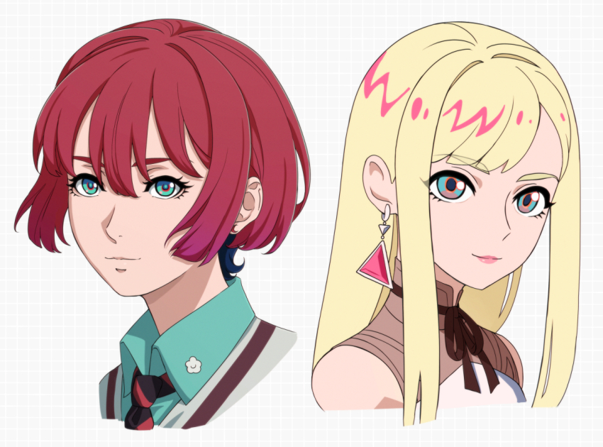 2girls amate_yuzuriha aqua_eyes blonde_hair blue_eyes blue_hair collared_shirt cropped_shoulders earrings enelous gigi_andalusia grey_background grid_background gundam gundam_gquuuuuux gundam_hathaway&#039;s_flash in-franchise_crossover jewelry long_hair looking_at_viewer multicolored_hair multiple_girls necktie onda_naoyuki parody pink_lips red_hair school_uniform shirt short_hair smile style_parody sweater triangle_earrings two-tone_hair