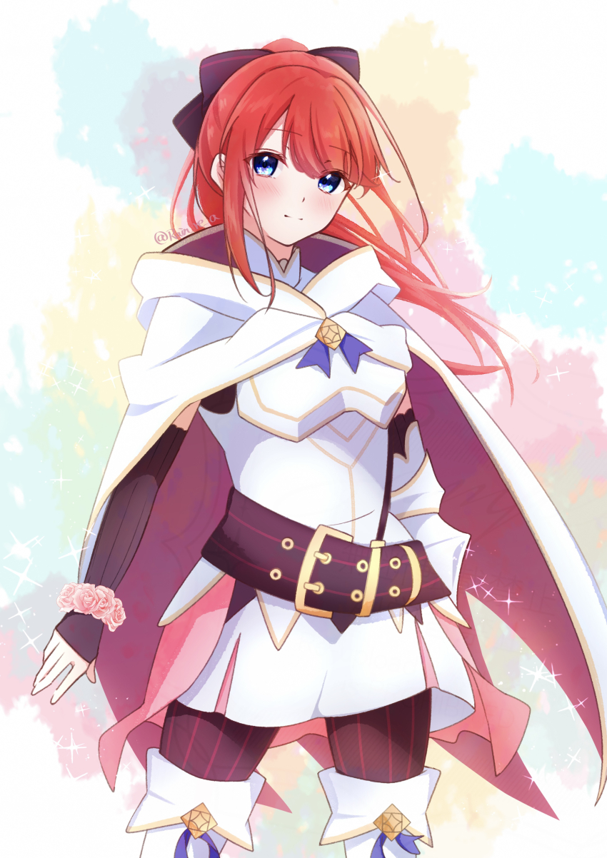 1girl absurdres armor belt belt_buckle black_belt black_bow blue_eyes blush boots bow bracelet breastplate brown_belt buckle cape cloak closed_mouth cowboy_shot floating_hair flower_bracelet hair_bow highres hood hood_down jewelry long_hair looking_at_viewer magical_girl pantyhose ponytail rain_re_a re:zero_kara_hajimeru_isekai_seikatsu red_hair smile solo standing striped_clothes striped_pantyhose theresia_van_astrea thigh_boots thighhighs vertical-striped_clothes vertical-striped_pantyhose virtual_youtuber