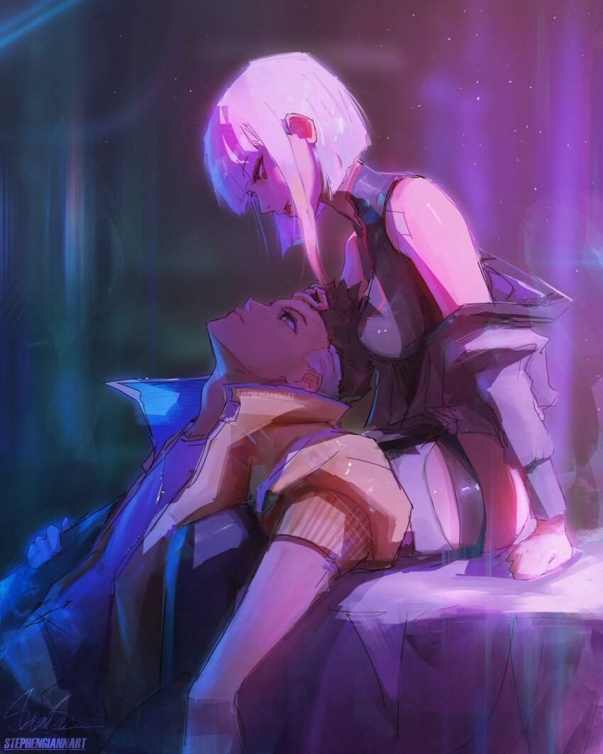 1boy 1girl abstract_background absurdres armored_boots asymmetrical_hair bare_shoulders black_background black_bodysuit black_boots blonde_hair blue_background blue_hair blue_shirt bodysuit boots brown_eyes brown_hair collared_jacket couple cyberpunk_(series) cyberpunk_edgerunners dark-skinned_male dark_skin david_martinez eyeliner gradient_background green_background grey_jacket grey_leggings hand_on_another&#039;s_head hand_on_another&#039;s_leg highres hip_vent jacket jewelry leggings looking_at_another looking_down looking_up lucy_(cyberpunk) makeup multicolored_hair necklace open_clothes open_jacket parted_bangs purple_background purple_eyes purple_hair red_eyeliner red_hair red_lips rock shirt short_hair signature single_sidelock sitting stephengiannart striped_bodysuit striped_clothes striped_jacket white_hair yellow_jacket