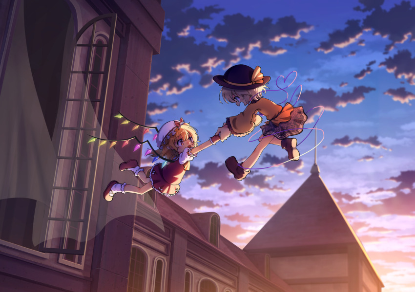 2girls ascot black_hat blonde_hair building cloud commentary crystal crystal_wings curtains eyeball flandre_scarlet floating floral_print frilled_sleeves frills green_hair green_skirt hand_grab hat hat_ribbon heart heart_of_string highres komeiji_koishi long_hair long_sleeves mob_cap multicolored_wings multiple_girls open_mouth outdoors pointy_ears print_skirt puffy_short_sleeves puffy_sleeves red_eyes red_shoes red_vest ribbon rose_print shirt shoes short_sleeves skirt skirt_set smile socks suteruko third_eye touhou vest white_hat white_socks wide_sleeves window wings wrist_cuffs yellow_ascot yellow_ribbon yellow_shirt