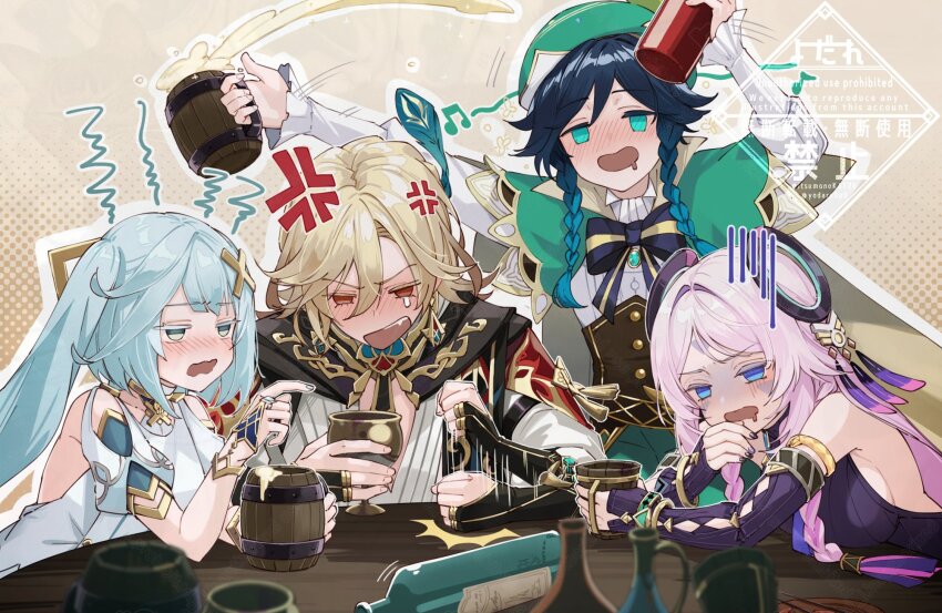 2boys 2girls alcohol anger_vein bare_shoulders beer beer_mug black_hair blonde_hair blue_eyes blue_hair blush bottle bracelet braid breast_press breasts capelet citlali_(genshin_impact) cup desk_slam drooling drunk faruzan_(genshin_impact) fingerless_gloves foam genshin_impact gloves green_eyes hair_between_eyes hair_ornament highres holding holding_cup itsumono_katze jewelry kaveh_(genshin_impact) large_breasts leaning_forward long_hair medium_breasts mouth_drool mug multicolored_hair multiple_boys multiple_girls nail_polish non-web_source open_mouth pink_hair puffy_sleeves shirt short_sleeves sideboob sleeveless_turtleneck_leotard table teeth twin_braids twintails two-tone_hair upper_teeth_only venti_(genshin_impact) white_shirt