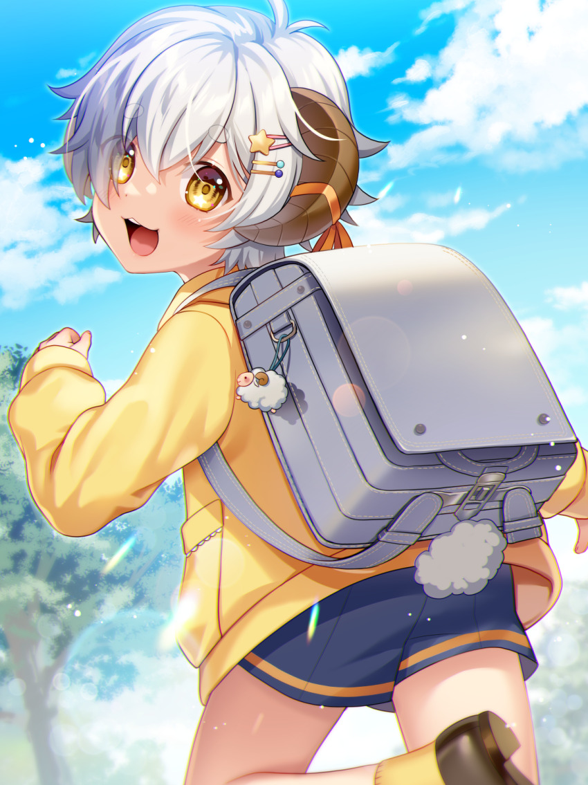 1boy :d backpack bag blue_shorts blue_sky blush charm_(object) child chromatic_aberration commission curled_horns day diffraction_spikes eyes_visible_through_hair facing_away from_behind ginjiro_(ginziro525) hair_ornament hair_over_one_eye hairclip highres horns jacket lens_flare looking_at_viewer looking_back male_focus open_mouth original outdoors randoseru running sheep_boy sheep_horns sheep_tail short_hair shorts skeb_commission sky smile solo star_(symbol) star_hair_ornament tail tree webp-to-png_conversion white_hair yellow_eyes yellow_jacket