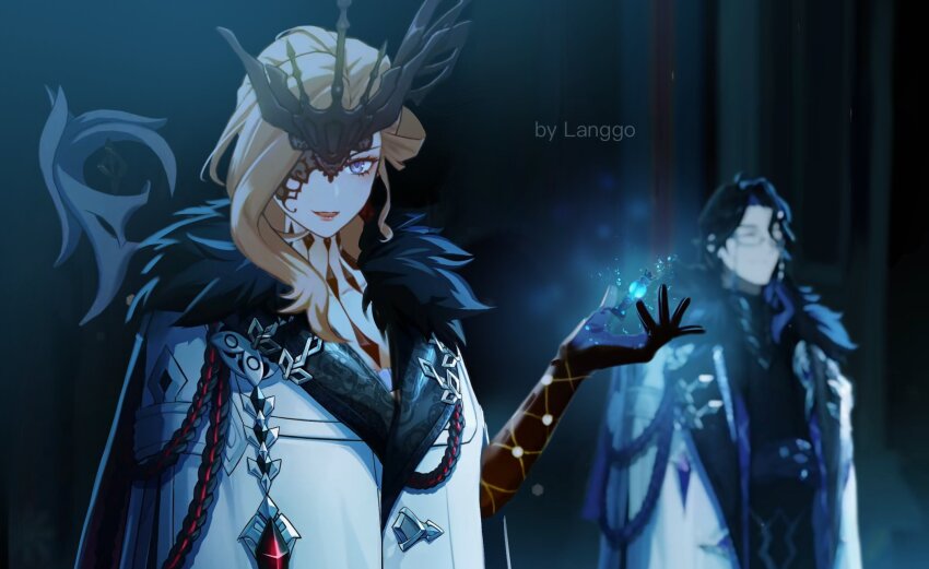 1boy 1girl artist_name black_hair blonde_hair blue_eyes coat delusion_(genshin_impact) eyewear_strap fatui_coat fishnet_gloves fishnets fur-trimmed_coat fur_coat fur_trim genshin_impact glasses gloves gnosis_(genshin_impact) highres lace-trimmed_eyepatch langgo long_hair mask mask_over_one_eye one_eye_covered pantalone_(genshin_impact) red_lips signora_(genshin_impact) smile upper_body white_coat winter_clothes winter_coat