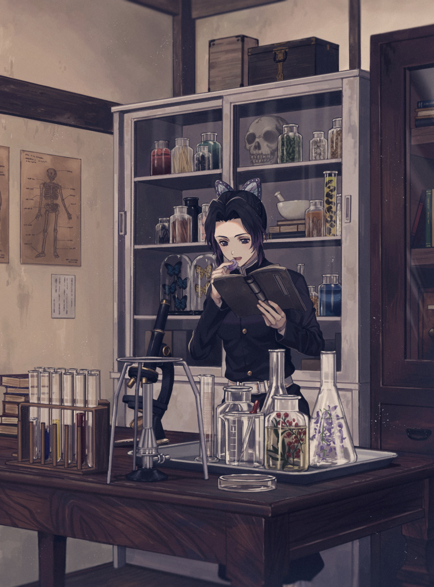 1girl 234_(1234!) absurdly_detailed_composition anatomy beaker belt black_coat black_hair black_pants book book_stack box breasts bug bunsen_burner butterfly butterfly_hair_ornament cabinet coat cowboy_shot female_focus flower forehead gradient_hair hair_ornament highres indoors insect kimetsu_no_yaiba kochou_shinobu laboratory lips loaded_interior long_sleeves measuring_cylinder medium_breasts microscope multicolored_hair notebook open_mouth pants parted_bangs petri_dish pipette poster_(object) purple_eyes purple_hair reading short_hair skull slice_of_life solo standing table taxidermy test_tube two-tone_hair wooden_table