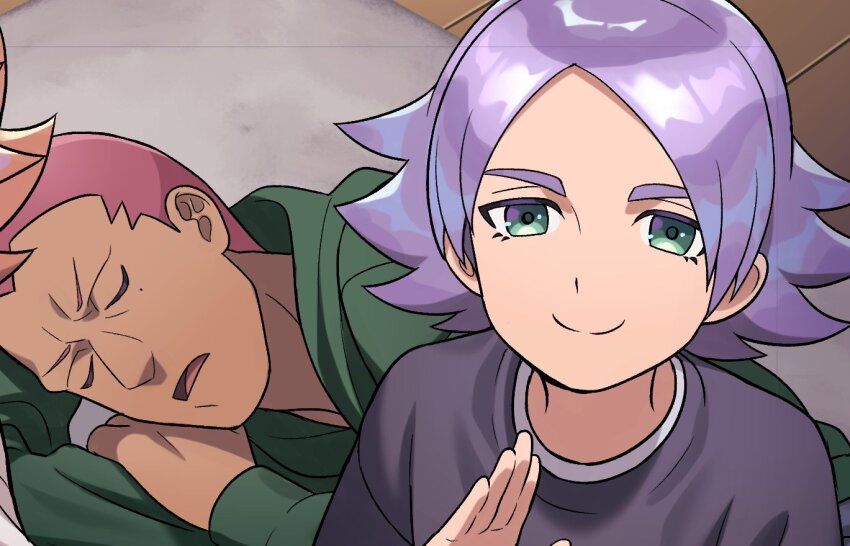 2boys black_sweater closed_eyes closed_mouth dark-skinned_male dark_skin dolustoy fubuki_shirou green_eyes green_hoodie hood hoodie inazuma_eleven_(series) inazuma_eleven_ares_no_tenbin looking_at_viewer lying male_focus mole mole_under_eye multiple_boys on_side open_mouth pink_hair purple_hair sleeping someoka_ryuugo sweater