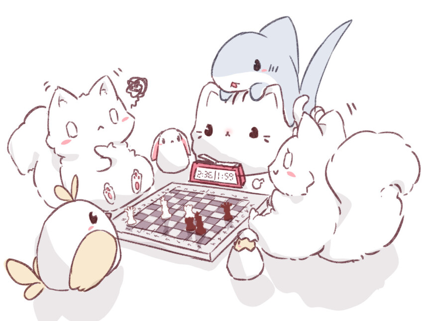 animal animal_ear_fluff bird board_game cat chess chess_piece chessboard chick commentary_request eggshell eggshell_hat fox no_humans original rabbit shadow shark simple_background sitting squiggle tandohark white_background white_cat
