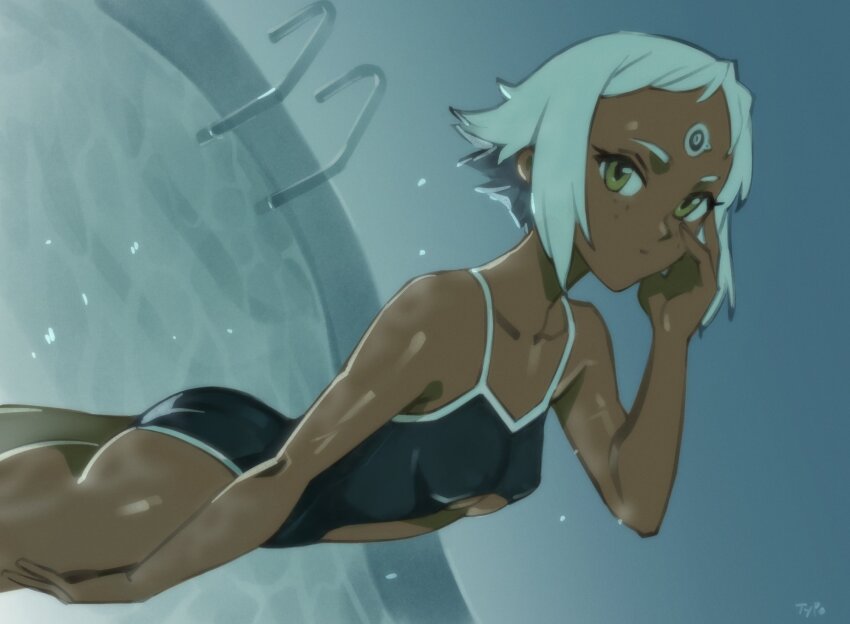 1girl artist_name ass bare_arms bare_shoulders black_one-piece_swimsuit breasts collarbone dark-skinned_female dark_skin facial_mark flat_ass forehead_mark freckles green_eyes hand_on_own_cheek hand_on_own_face hand_up highres lal&#039;c_mellk_mal looking_at_viewer one-piece_swimsuit optionaltypo short_hair small_breasts solo swimsuit top_wo_nerae!_(series) top_wo_nerae_2! water_drop white_hair
