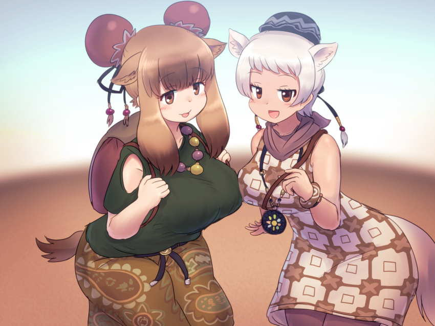 2girls animal_ears asymmetrical_docking backpack bactrian_camel_(kemono_friends) bag blurry blurry_background breast_press breasts brown_eyes brown_hair bun_cover camel_ears camel_tail day desert double_bun dress dromedary_(kemono_friends) extra_ears green_shirt grey_hair hair_bun hand_up hands_up highres horizontal_pupils jewelry jitome kemono_friends large_breasts leaning_forward long_hair looking_at_viewer mo23 multiple_girls official_alternate_costume open_mouth outdoors outstretched_arm pendant print_dress print_skirt sand shirt short_dress short_hair short_sleeves sidelocks single_hair_bun skirt smile tail tan
