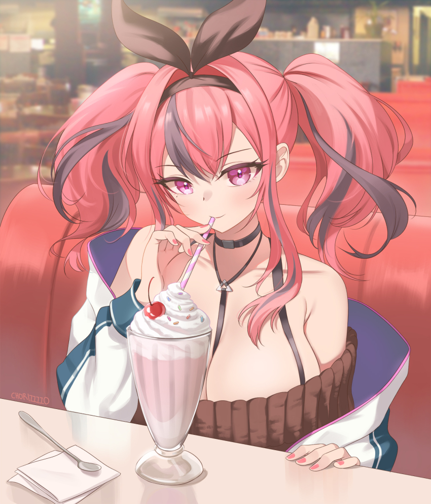 1girl artist_name azur_lane bare_shoulders between_breasts black_choker black_hair blush breasts bremerton_(azur_lane) bremerton_(day-off_date)_(azur_lane) chest_harness choker cleavage collarbone dress eyelashes harness highres huge_breasts jacket looking_at_viewer mole mole_under_eye multicolored_hair multicolored_jacket nail_polish off-shoulder_sweater off_shoulder official_alternate_costume pink_eyes red_hair solo spoon strap_between_breasts straw streaked_hair sweater sweater_dress twintails two-tone_hair white_jacket zzo_(chorizzzzo)