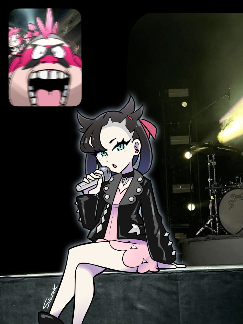 1boy 2girls absurdres black_hair black_jacket dress drum drum_set earrings facepaint fan_screaming_at_madison_beer_(meme) green_eyes highres holding holding_microphone instrument jacket jewelry looking_at_viewer marnie_(pokemon) meme microphone mohawk multiple_girls music nintendo open_mouth pendant_choker photo_background pink_dress pokemon pokemon_swsh siczak signature singing sitting team_yell team_yell_grunt