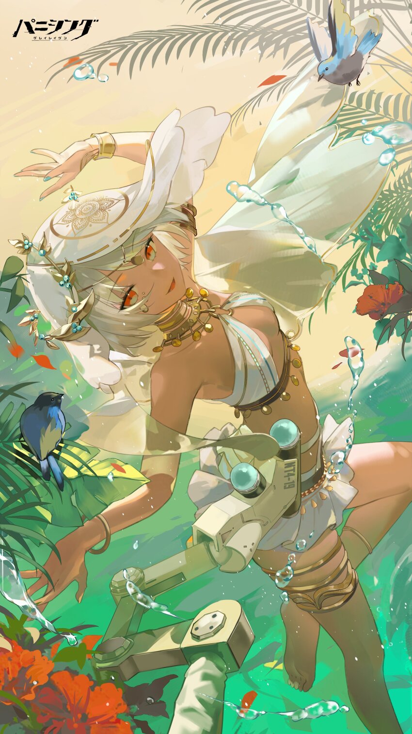 absurdres alternate_costume artist_request barefoot bird birthday bracelet bubble dancer dark_skin extra_arms falling feet flower happy_birthday headdress highres jewelry jumping looking_at_viewer mechanical_arms official_alternate_costume official_art orange_eyes plant punishing:_gray_raven smile sophia_(pgr) water