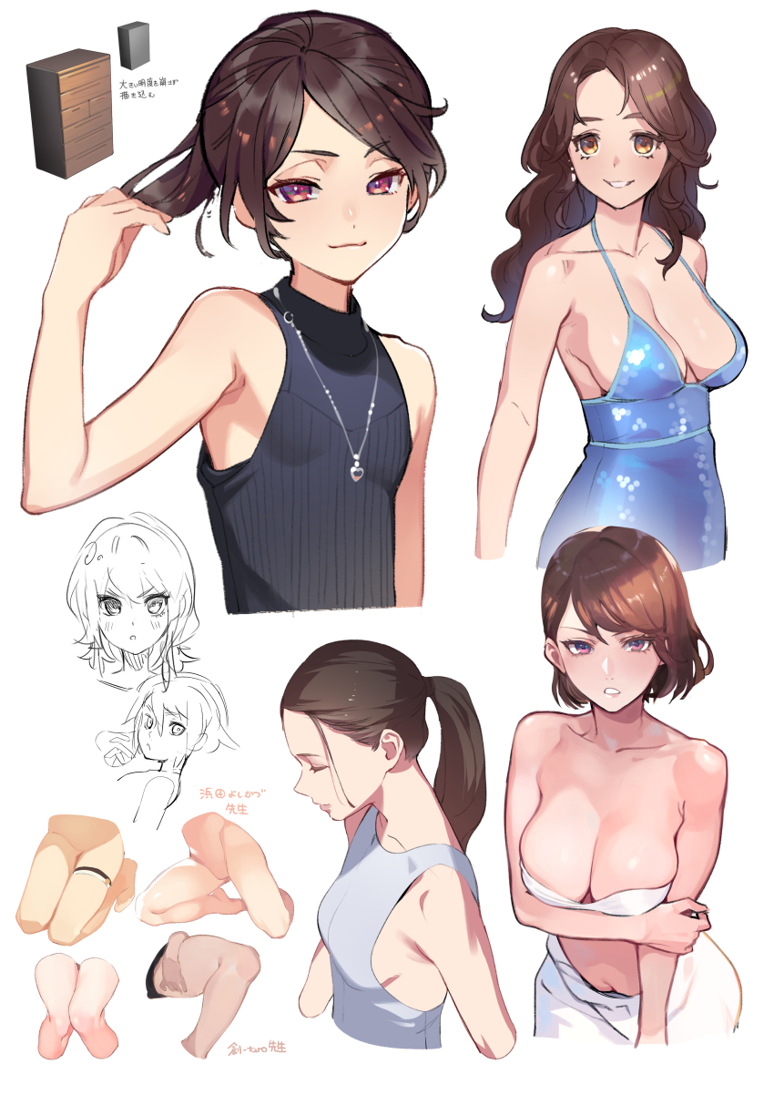 4girls absurdres arm_under_breasts armpits bare_arms bare_shoulders blue_dress blush bob_cut breasts brown_hair cleavage commentary_request cropped_arms cropped_legs cropped_torso dress earrings embarrassed flat_chest hair_behind_ear hair_pulled_back halter_dress halterneck hand_up heart heart_necklace highres holding holding_own_hair jewelry kneeling large_breasts long_hair looking_at_viewer medium_breasts multiple_girls navel necklace orange_eyes original pendant ponytail profile purple_eyes red_eyes sideboob simple_background sketch skindentation sleeveless sleeveless_turtleneck smile strapless swept_bangs tube_top turtleneck uedrk_yamato white_background
