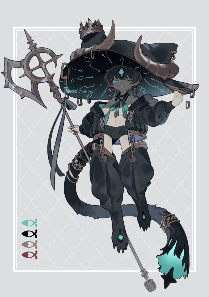 1boy :3 animal_ear_headwear animal_ears animal_feet aqua_eyes aqua_tongue argyle_background argyle_clothes baggy_pants black_hair black_headwear black_jacket border chain claws color_guide crown detached_collar earrings extra_eyes fake_animal_ears fake_horns fish_earrings floating full_body grey_background hand_on_headwear hands_up highres horned_headwear horns inset_border jacket jacket_partially_removed jewelry long_sleeves looking_at_viewer no_shirt one_eye_closed onotsuki_w2 open_mouth original outside_border oversized_hat pants pierced_hat short_hair solo tail tail_ornament tail_ring third_eye two-sided_fabric two-sided_jacket white_border