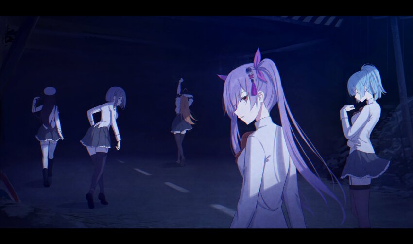 5girls absurdres ahoge anklet arm_at_side arm_behind_head arms_at_sides arms_up assault_lily beret black_footwear black_gloves black_hair black_skirt black_thighhighs blonde_hair blue_hair bob_cut bow bowtie bracelet breasts chromatic_aberration closed_mouth commentary_request earrings facing_away flower frilled_skirt frills from_behind garter_straps gloves grin hair_flower hair_ornament hair_ribbon hand_on_own_arm hand_on_own_hip hand_up hat heel_up herensuge_girls_academy_school_uniform high_ponytail highres jacket jewelry kagawa_makina kariya_higure leaning_forward letterboxed long_hair long_sleeves looking_at_viewer looking_back looking_to_the_side makino_mitake matsumura_fuuka medium_breasts miniskirt morimoto_yuni multicolored_hair multiple_girls night nuenue orange_hair outdoors outstretched_arm parted_lips pink_eyes pleated_skirt ponytail profile purple_hair purple_ribbon red_bow red_bowtie ribbon road school_uniform shoes short_hair sideways_glance single_glove skirt smile streaked_hair stretching tassel tassel_hair_ornament thighhighs twintails two-tone_hair utility_pole very_long_hair walking white_headwear white_jacket white_thighhighs zettai_ryouiki