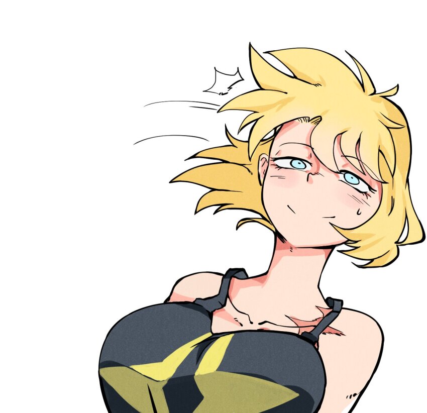 1girl ahoge antares_topaz bare_shoulders black_tank_top blonde_hair blue_eyes bouncing_breasts breasts collarbone confused falling highres large_breasts leaning_to_the_side messy_hair motion_lines scar scar_on_shoulder solo star_(symbol) star_linker surprised sweatdrop tank_top topaz_(antares_topaz) white_background