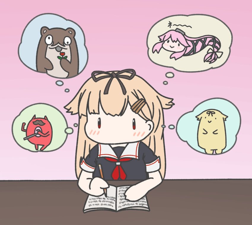 1girl abyssal_ship black_ribbon black_serafuku blonde_hair bokukawauso chibi enemy_lifebuoy_(kancolle) hair_flaps hair_ornament hair_ribbon hairclip highres johnny_(sibatay) kantai_collection long_hair neckerchief no_mouth notebook pencil pink_background red_eyes red_neckerchief ribbon sailor_collar school_uniform serafuku simple_background snake solo speech_bubble the_yuudachi-like_creature thought_bubble white_sailor_collar writing yura_(kancolle) yura_(snake) yuudachi_(kancolle) yuudachi_kai_ni_(kancolle)