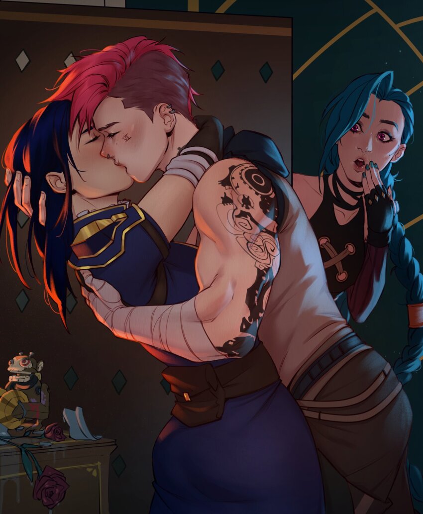 3girls arcane:_league_of_legends arcane_caitlyn arcane_jinx arcane_vi arm_tattoo arm_wrap asymmetrical_hair black_gloves blue_hair blue_nails braid braided_ponytail brown_pants caitlyn_(league_of_legends) closed_eyes earrings fingerless_gloves flower french_kiss gloves grey_tank_top highres jewelry jinx_(league_of_legends) kiss league_of_legends long_hair looking_at_another multiple_girls muscular muscular_female pants pink_eyes pink_hair red_flower red_rose reverse_trap rose short_hair sidecut tank_top tattoo undercut valentina_tavolilla vi_(league_of_legends) yuri