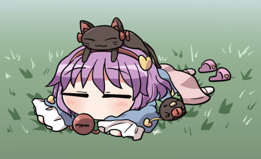 1girl :3 =_= animal animal_ear_fluff animal_ears animal_on_head bird blue_skirt blush bow cat cat_ears cat_tail chibi chibi_only closed_eyes commentary_request crow frilled_sleeves frills grass green_bow hair_bow hair_ornament hairband heart heart_hair_ornament kaenbyou_rin kaenbyou_rin_(cat) komeiji_satori long_sleeves lying nekomata on_head on_stomach pink_skirt purple_hair red_bow red_hairband reiuji_utsuho reiuji_utsuho_(bird) rokugou_daisuke short_hair signature skirt sleeping slippers socks tail third_eye touhou unworn_slippers white_socks