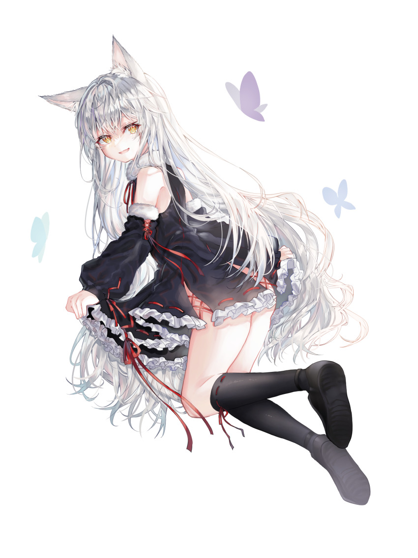 1girl 414_(hncx3355) :d animal_ears detached_sleeves dress fox_ears frilled_dress frills full_body highres long_hair looking_at_viewer looking_back no_panties open_mouth original short_dress simple_background skirt_hold smile very_long_hair watarai_alice white_background white_hair yellow_eyes