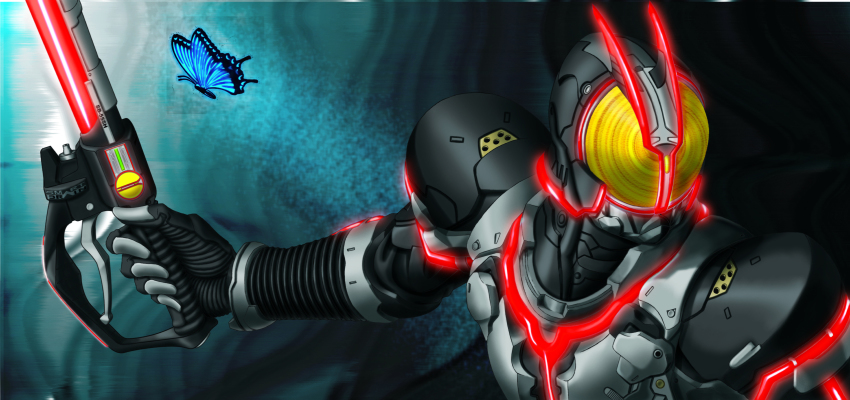 bug butterfly glowing highres insect kamen_rider kamen_rider_555 kamen_rider_faiz male_focus solaris_x2 solo sword weapon