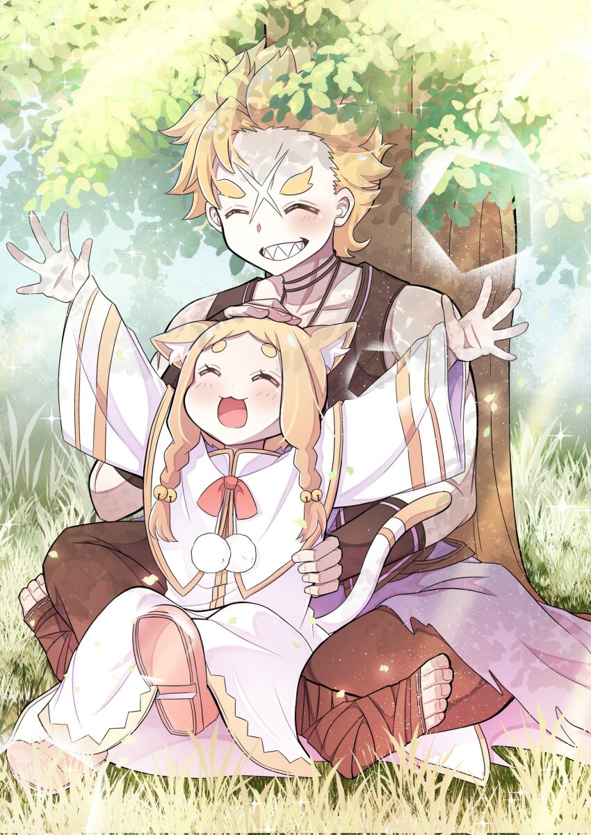 1girl animal_ears bell blonde_hair blush braid cat_ears cat_tail closed_eyes crossed_legs garfiel_tinsel grass hair_ornament highres kirukesariku long_hair mimi_pearlbaton on_grass open_mouth orange_hair outdoors re:zero_kara_hajimeru_isekai_seikatsu scar scar_on_face sharp_teeth short_hair sitting smile tail teeth twin_braids