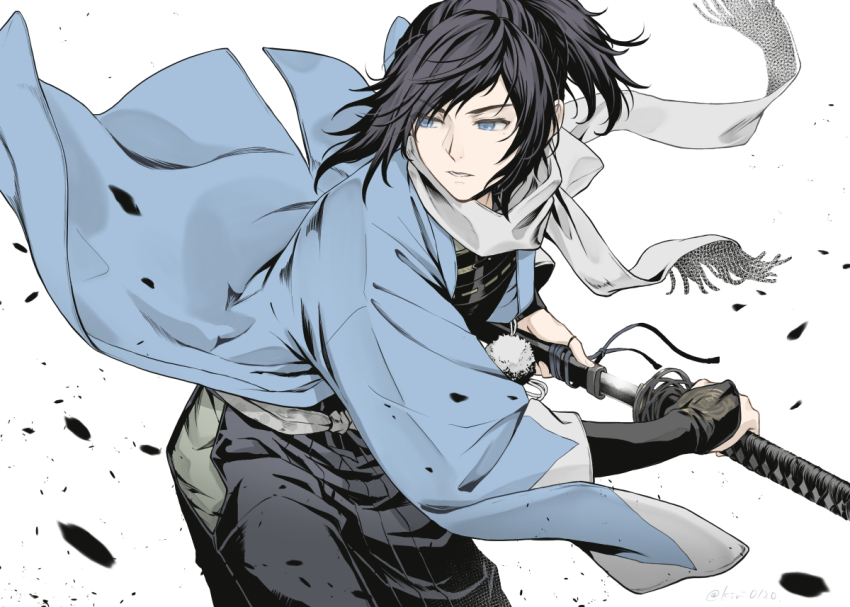 1boy black_bridal_gauntlets black_hair blue_eyes blue_haori bridal_gauntlets commentary_request cowboy_shot debris drawing_sword floating_clothes haori holding holding_sword holding_weapon japanese_clothes looking_to_the_side male_focus mint_(kiri0120) parted_lips ponytail scarf sideways_glance solo sword touken_ranbu weapon white_background white_scarf yamato-no-kami_yasusada