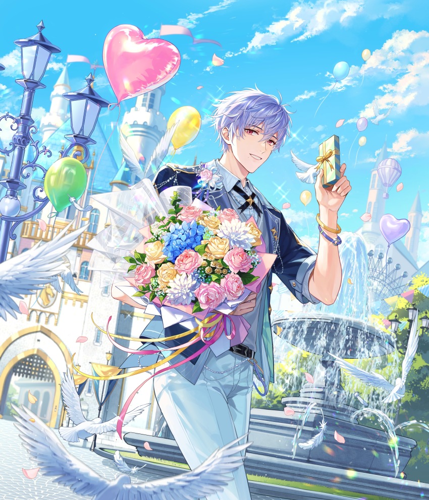 1boy absurdres aircraft architecture balloon belt belt_buckle bird black_belt black_jacket black_ribbon blue_flower blue_sky bouquet box bracelet buckle buttons chinese_commentary cloud collared_shirt commentary_request confetti day dove dream_mansion flower fountain gate gift gift_box grey_vest hair_between_eyes hand_up heart_balloon highres holding holding_bouquet holding_gift hot_air_balloon jacket jewelry kongzao lamppost lapels looking_at_viewer male_focus mansion min_heng mole mole_under_eye neck_ribbon open_clothes open_jacket outdoors pants parted_lips petals pink_flower pink_rose purple_hair red_eyes ribbon rose shirt short_hair short_sleeves sky smile solo standing streamers teeth tree vest water white_flower white_pants white_shirt wing_collar yellow_flower yellow_rose