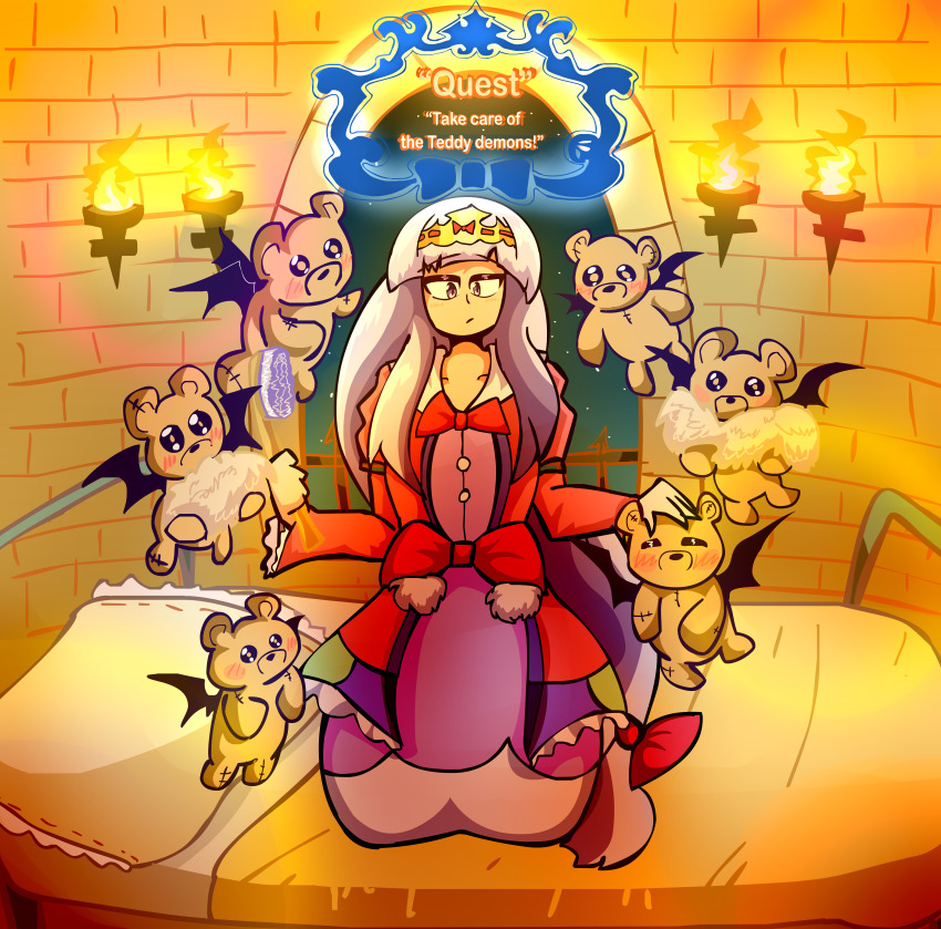 1girl absurdres aurora_sya_lis_kaymin bed bed_sheet bedroom blunt_bangs bow breasts creature crown dress dress_bow english_text flying fur_trim hair_brush headband headpat highres kneeling long_dress long_hair long_skirt long_sleeves manu_618 maou-jou_de_oyasumi pajamas pillow princess purple_hair question_mark_print skirt small_breasts stuffed_animal stuffed_toy syalis teddy_bear teddy_demon torch very_long_hair wings yellow_eyes yellow_headband