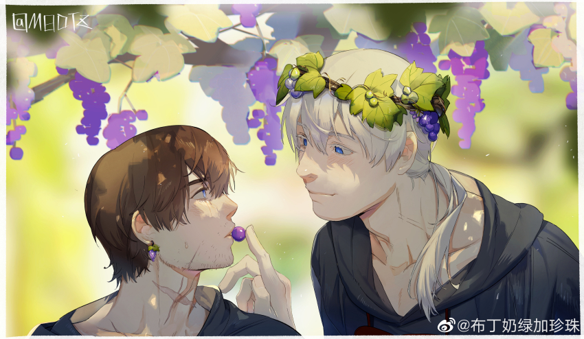 2boys absurdres ardbert_hylfyst black_hair blue_eyes brown_hair character_request chinese_commentary couple earrings eye_contact eyelashes facial_hair facial_scar feeding final_fantasy final_fantasy_xiv hair_between_eyes highres hyur jewelry long_hair looking_at_another male_focus mature_male mbdtz multiple_boys ponytail scar scar_across_eye scar_on_cheek scar_on_face scar_on_neck short_hair smile stubble thick_eyebrows watermark weibo_watermark white_hair wide-eyed yaoi
