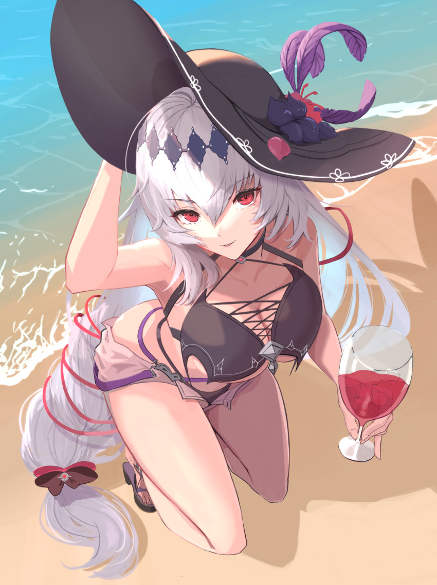 1girl beach bikini black_bikini black_headwear braid choker collarbone cup dark_jeanne drinking_glass granblue_fantasy hair_ornament hair_ribbon hairband hat hat_feather highres jeanne_d&#039;arc_(granblue_fantasy) jeanne_d&#039;arc_(summer)_(granblue_fantasy) kneeling long_hair madori_(madori151) red_eyes ribbon sand solo swimsuit very_long_hair white_background wide_brim wine_glass