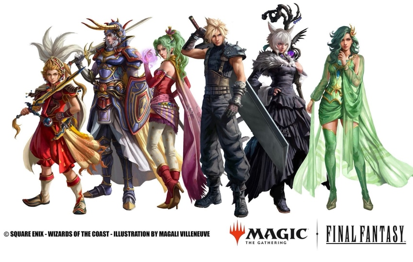 3boys 3girls animal_ears blonde_hair buster_sword cape cat_ears cat_tail cloud_strife copyright_name copyright_notice dress fake_horns final_fantasy final_fantasy_i final_fantasy_iii final_fantasy_iv final_fantasy_vi final_fantasy_vii final_fantasy_xiv glowing glowing_hand green_hair green_shawl helmet highres holding holding_shield holding_sword holding_weapon horned_helmet horns in-franchise_crossover looking_at_viewer magali_villeneuve magic:_the_gathering miqo&#039;te multiple_boys multiple_girls official_art onion_knight over_shoulder rydia_(adult)_(ff4) rydia_(ff4) shawl shield spiked_hair standing sword tail tina_branford warrior_of_light_(ff1) weapon weapon_over_shoulder white_hair y&#039;shtola_rhul