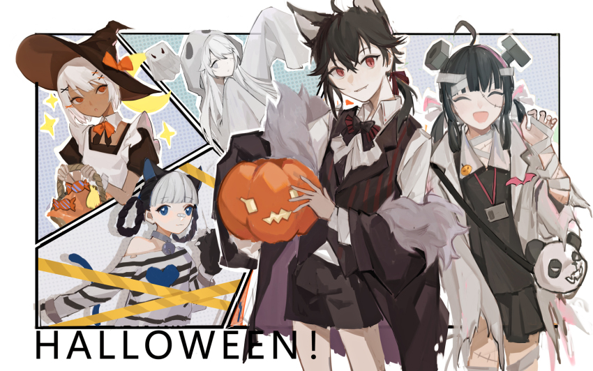 18_kawaki 1boy 4girls ahoge alternate_costume animal_ears apron bambinata_(pgr) bandage_over_one_eye bandaged_arm bandaged_head bandaged_leg bandages bandaid bandaid_on_face bandaid_on_nose bell black_bow black_bowtie black_hair black_hat black_jacket black_shirt black_shorts black_skirt blue_eyes bow bowtie braid braided_hair_rings cat_ears cat_tail changyu_(pgr) changyu_(punishing:_gray_raven) closed_eyes closed_mouth collar collared_shirt cosplay crossed_bangs dark-skinned_female dark_skin drone fake_animal_ears fake_tail food frankenstein&#039;s_monster frankenstein&#039;s_monster_(cosplay) fur_collar ghost_costume grey_eyes grey_hair hair_between_eyes hair_ornament hair_rings halloween_costume hat hat_bow heart heart-shaped_pupils highres holding holding_food holding_pumpkin holding_vegetable jack-o&#039;-lantern jacket jingle_bell lab_coat long_hair medium_hair multicolored_hair multiple_girls neck_bell no._21_(pgr) open_mouth orange_bow orange_bowtie panda pulao_(pgr) pumpkin punishing:_gray_raven red_eyes shirt short_sleeves shorts sidelocks skirt sophia_(pgr) stitched_face stitches striped_clothes striped_shirt symbol-shaped_pupils tail two-tone_hair vegetable vertical-striped_clothes vertical-striped_shirt werewolf_costume white_apron white_hair white_shirt witch_hat wolf_ears x_hair_ornament