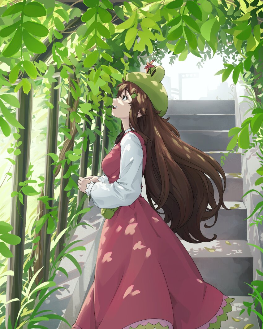 1girl absurdres black_bow black_bowtie blue_eyes bow bowtie brown_hair collared_shirt cowboy_shot dappled_sunlight day dress frog_hair_ornament frog_hat froggyhoppins from_side haedgie hair_ornament highres indie_virtual_youtuber leaf long_hair long_sleeves looking_up open_mouth outdoors red_dress shirt solo sunlight virtual_youtuber white_shirt