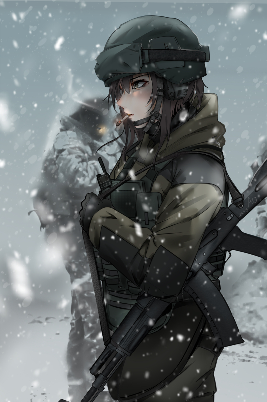 1girl 1other absurdres ak-74m ammunition_pouch assault_rifle bags_under_eyes black_gloves black_helmet blizzard brown_hair bulletproof_vest cigarette commentary commentary_request dated from_side gloves goggles green_eyes green_jacket green_pants gun gun_sling headset helmet highres holding holding_gun holding_weapon hood hooded_jacket iubworks jacket kalashnikov_rifle load_bearing_vest magazine_(weapon) military military_combat_uniform military_uniform mouth_hold nose original pants partial_commentary pouch rifle short_hair sidelocks smoking snowing tactical_clothes unworn_goggles upper_body walkie-talkie weapon winter