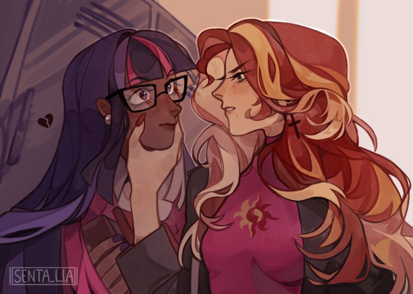 2girls black_skin closed_mouth colored_skin earrings embarrassed glasses hand_on_another&#039;s_face hand_on_another&#039;s_head highres jewelry long_hair looking_at_another multicolored_hair multiple_girls my_little_pony my_little_pony:_equestria_girls my_little_pony:_friendship_is_magic nail_polish open_mouth purple_eyes purple_hair purple_nails red_hair red_nails senta_lia sunset_shimmer sunset_shimmer_(human) twilight_sparkle twilight_sparkle_(human)