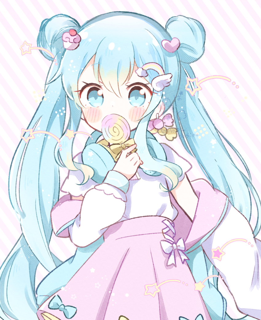 1girl absurdres aobahosino blue_bow blue_dress blue_eyes blue_hair blue_jacket blush bow cake_hair_ornament candy candy_earrings chibi double_bun dress dress_bow earrings food food-themed_hair_ornament hair_between_eyes hair_bun hair_ornament hatsune_miku headphones headphones_around_neck highres holding holding_candy holding_food holding_lollipop jacket jewelry lollipop long_hair long_sleeves looking_at_viewer multicolored_hair open_clothes open_jacket pink_hair rainbow_hair_ornament short_sleeves sidelocks simple_background solo star_(symbol) star_print twintails upper_body very_long_hair vocaloid white_bow yuki_miku yume_kawaii