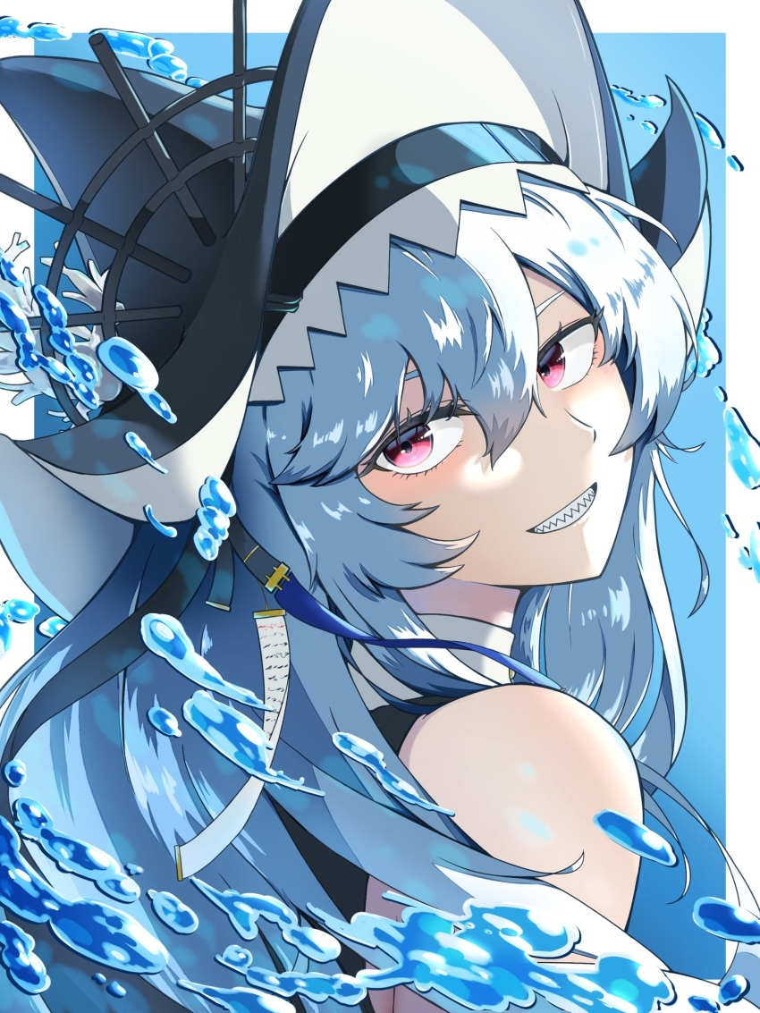 1girl :d arknights bare_shoulders black_hat border commentary_request grey_hair grin hair_between_eyes hat highres long_hair looking_at_viewer mukipero open_mouth outside_border pink_eyes portrait sharp_teeth smile solo specter_(arknights) specter_the_unchained_(arknights) teeth two-sided_fabric two-sided_headwear water white_border white_hat