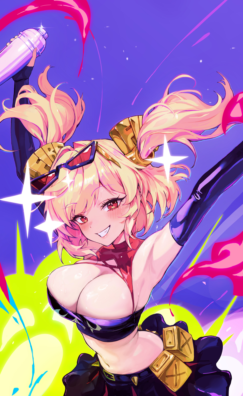 1girl absurdres armpits arms_up bandeau belt_pouch black_bandeau black_gloves black_skirt blonde_hair breasts burnice_white cleavage cocktail_shaker commentary elbow_gloves eyelashes fingerless_gloves gloves grin highres holding_shaker large_breasts latex_skirt looking_at_viewer midriff miniskirt narrow_waist navel pouch red-tinted_eyewear red_eyes skirt smile solo symbol-only_commentary tinted_eyewear twintails wide_hips yangsongihand zenless_zone_zero