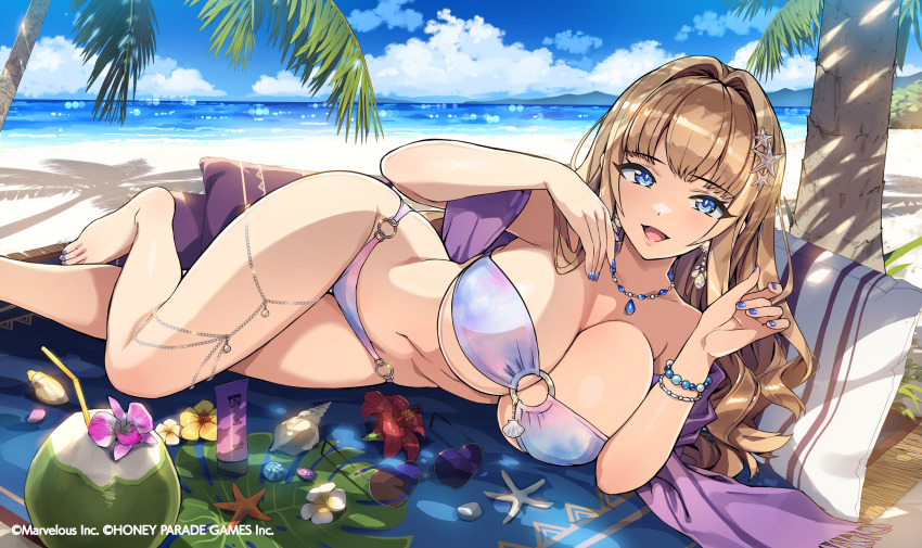 1girl :d beach bikini blonde_hair blue_eyes blue_nails breasts cleavage dolphin_wave earrings hair_intakes hair_ornament highres jewelry kirahoshi_kanna large_breasts long_hair looking_at_viewer lying marvelous nail_polish navel necklace non-web_source o-ring o-ring_bikini o-ring_bottom o-ring_top ocean official_art on_side ootomo_takuji open_mouth palm_tree pillow purple_bikini sand smile solo starfish_hair_ornament strapless strapless_bikini swimsuit towel tree underboob wavy_hair