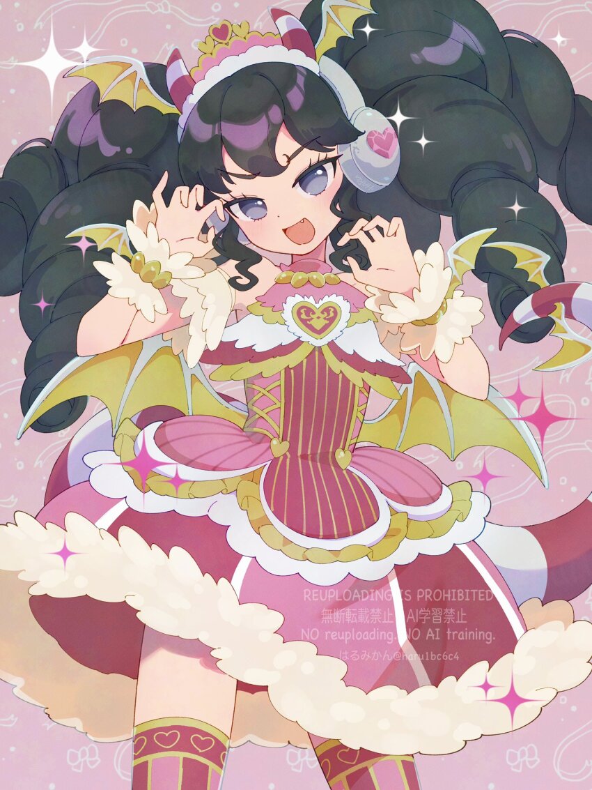 1girl :d artist_name bare_shoulders black_hair blue_eyes contrapposto copyright_notice cowboy_shot curly_sidelocks dot_nose dress drill_hair fake_head_wings fake_horns fang gaaruru_(pripara) hands_up haru_(haru1bc6c4) headphones highres horns idol idol_clothes legs_apart long_hair looking_at_viewer medium_dress no_pupils open_mouth pink_background pink_dress pretty_series pripara red_dress red_thighhighs sleeveless sleeveless_dress smile solo sparkle standing striped_clothes striped_thighhighs thighhighs twitter_username two-tone_dress v-shaped_eyebrows vertical-striped_clothes vertical-striped_thighhighs watermark white_wrist_cuffs wrist_cuffs zettai_ryouiki