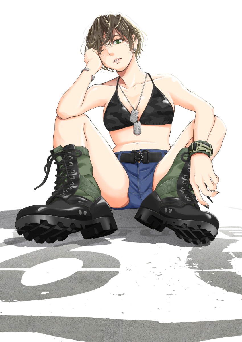 1girl absurdres bare_legs belt black_belt black_bra black_nails boots bra bracelet brown_hair combat_boots denim denim_shorts dog_tags green_eyes hand_on_own_head highres jewelry lace-up_boots looking_at_viewer multicolored_boots nail_polish one_eye_closed original route_66 shoe_soles short_hair short_shorts shorts sitting solo takada_katsura two-tone_boots underwear white_background