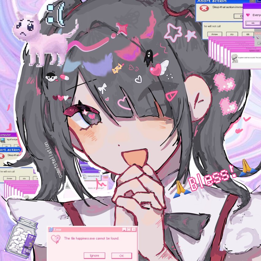 1girl :d abstract_background absurdres ame-chan_(needy_girl_overdose) artist_name big_yellow_cat_(omori) black_bow black_bowtie black_hair blush bow bowtie bright_pupils character_hair_ornament cometstellation commentary dot_nose english_commentary english_text eyes_visible_through_hair hair_ornament hair_over_one_eye hands_up heart heart-shaped_pupils heart_hair_ornament highres looking_at_viewer medium_hair microsoft_windows needy_girl_overdose omori omori_(omori) open_mouth outline own_hands_clasped own_hands_together pien_cat_(needy_girl_overdose) pill pill_hair_ornament pink_pupils portrait purple_background self-harm short_sleeves simple_background smile solo something_(omori) sparkle star_(symbol) star_hair_ornament symbol-shaped_pupils twintails white_outline windows_95 windows_classic