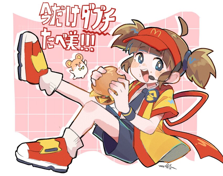1girl :d ahoge animal ankle_socks arched_bangs black_necktie black_shorts blue_eyes bright_pupils brown_hair burger collared_shirt dated employee_uniform fast_food_uniform flat_chest food full_body hair_tie hamster hands_up happi hat headset highres holding holding_burger holding_food imadake_dabuchi_tabemi imadake_dabuchi_tabesuke jacket japanese_clothes kl_oekaki knee_up leg_up logo_print looking_at_viewer mcdonald&#039;s necktie open_clothes open_jacket open_mouth pinstripe_pattern pinstripe_shirt red_hat red_shoes shirt shoes short_hair short_shorts short_sleeves short_twintails shorts signature sitting smile sneakers socks solo striped_clothes striped_shirt tasuki teeth translation_request twintails upper_teeth_only vertical-striped_clothes vertical-striped_shirt visor_cap white_pupils white_shirt white_socks wristband yellow_happi yellow_jacket