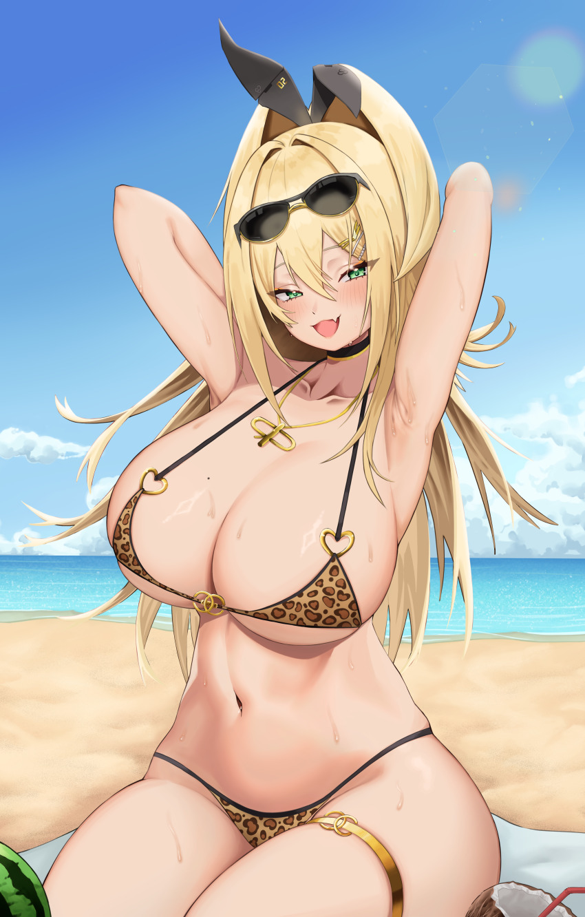 1girl absurdres animal_print arm_behind_head armpits bikini black_choker blonde_hair bluepaint blush breasts choker commentary english_commentary eyewear_on_head goddess_of_victory:_nikke green_eyes highres jewelry large_breasts leopard_print_bikini long_hair looking_at_viewer micro_bikini navel necklace open_mouth outdoors ponytail presenting_armpit rupee_(nikke) sitting smile solo sweat swimsuit thigh_strap wariza