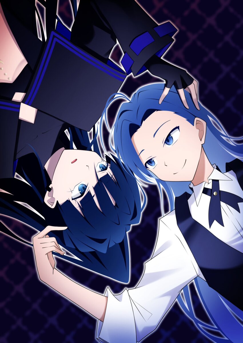 2girls ado_(utaite) ahoge black_gloves black_ribbon black_vest blue_eyes blue_hair closed_mouth commentary_request fingerless_gloves gloves hair_between_eyes hand_on_another&#039;s_head highres long_hair merry_(ado) multiple_girls naima_(ado) nori_(norinori_yrl) open_mouth outline ponytail readymade_(ado) ribbon shirt three-quarter_sleeves usseewa vest white_outline white_shirt yuri