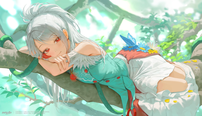 1girl \||/ bangsom blue_butterfly blue_flower blurry blurry_background branch breasts bug butterfly closed_mouth commentary_request copyright_name copyright_notice day dungeon_and_fighter flower gem green_shirt grey_hair highres insect jewelry large_breasts leaf light_blush long_hair looking_at_viewer lying lying_on_branch necklace off-shoulder_shirt off_shoulder official_art on_branch on_side outdoors parted_hair petals plant red_eyes red_gemstone seria_kirmin shirt skirt smile solo twisted_torso very_long_hair vines white_flower white_skirt yellow_flower